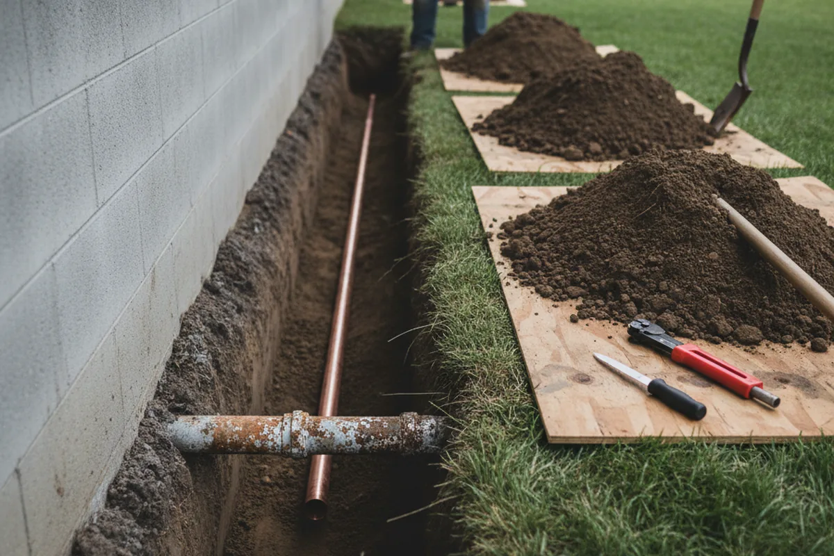 Excavated water line trench during Water Softener Installation in West Newton
